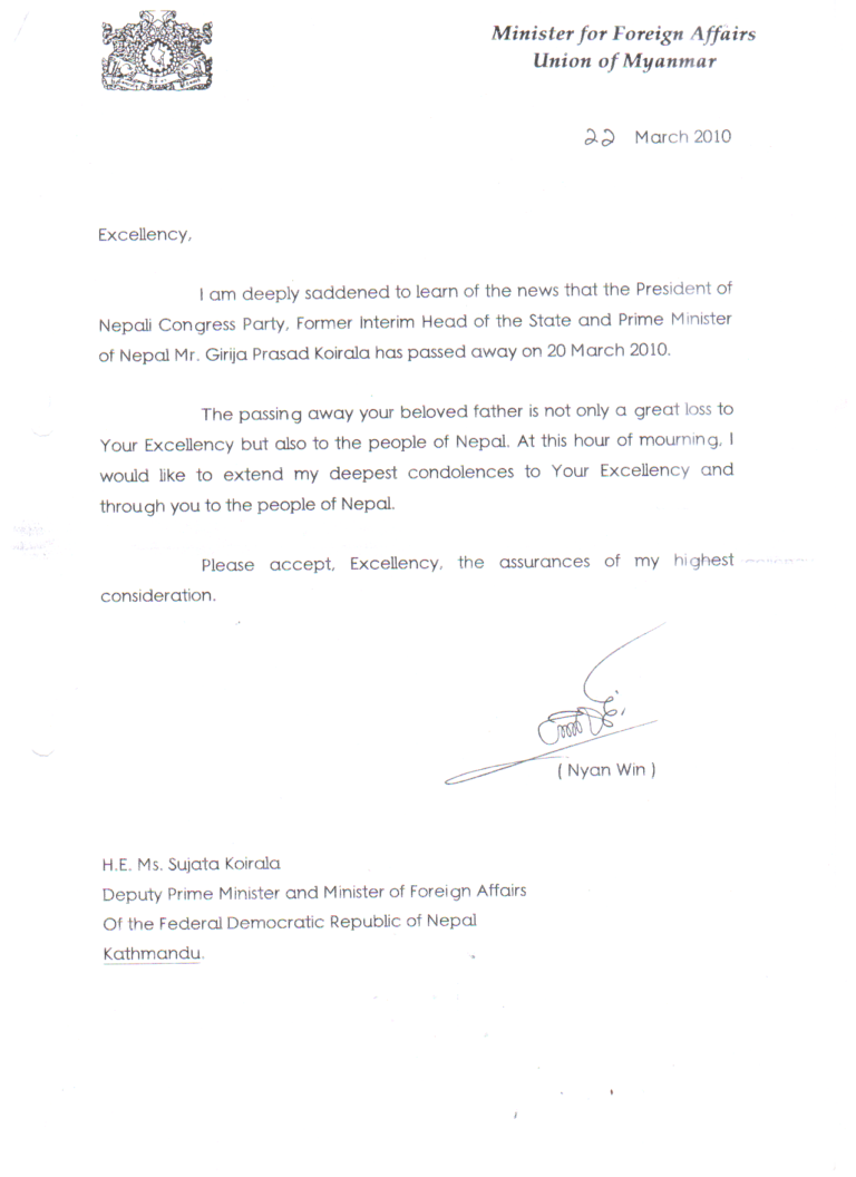 Letter from Nyan Win , Minister for foreign Affairs, Union of Myanmar ...